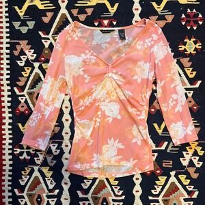 Pink Floral Mesh y2k 3/4 Sleeve Top Babydoll Sheer - Size Small